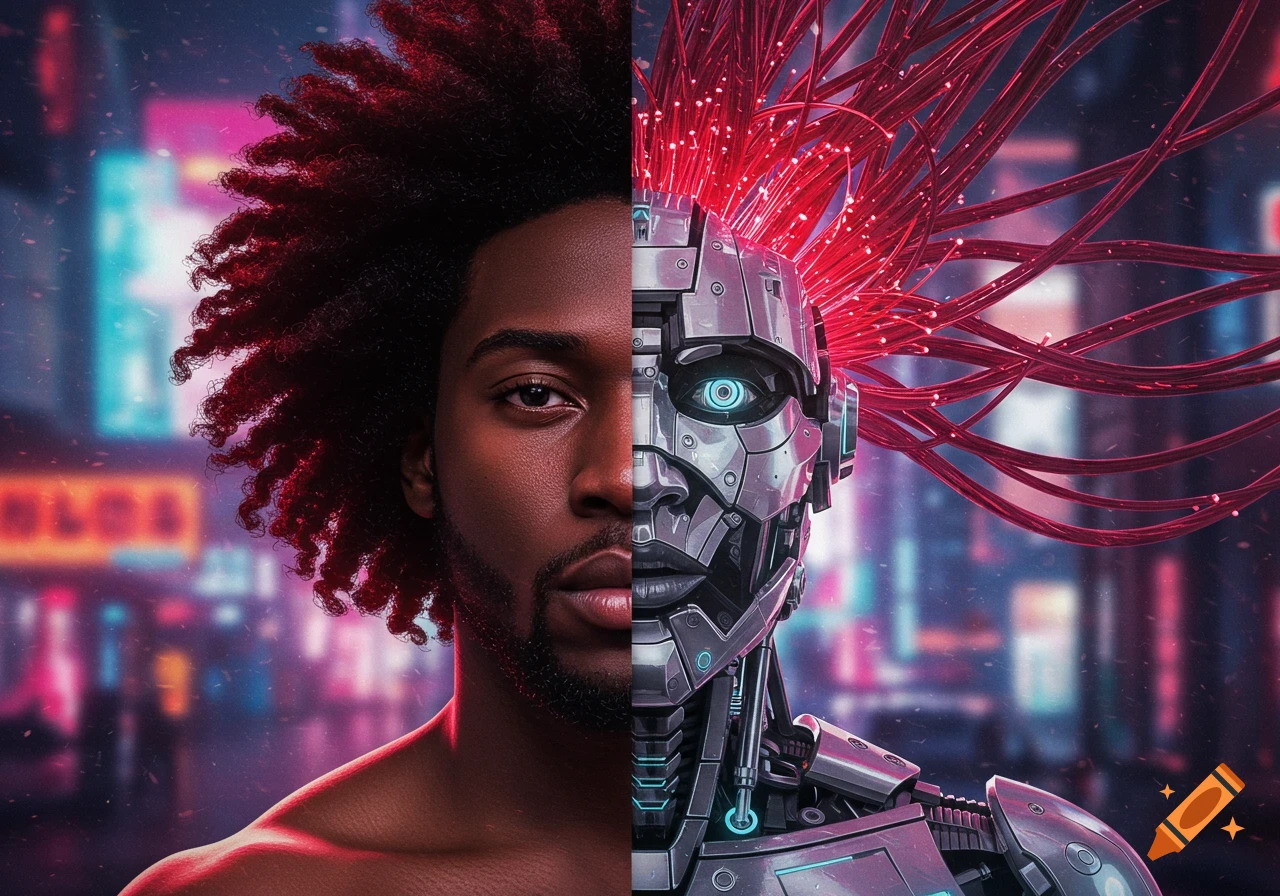 A close-up portrait of a man whose face is split, half human with an afro and half robotic with red cables for hair, set against a blurred cyberpunk city background.