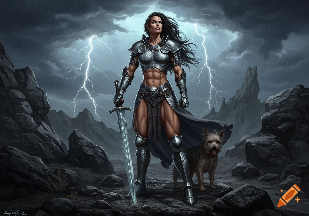 A powerful female warrior in ornate silver armor holds a glowing sword under a stormy sky with lightning, accompanied by a small dog in a rocky landscape.