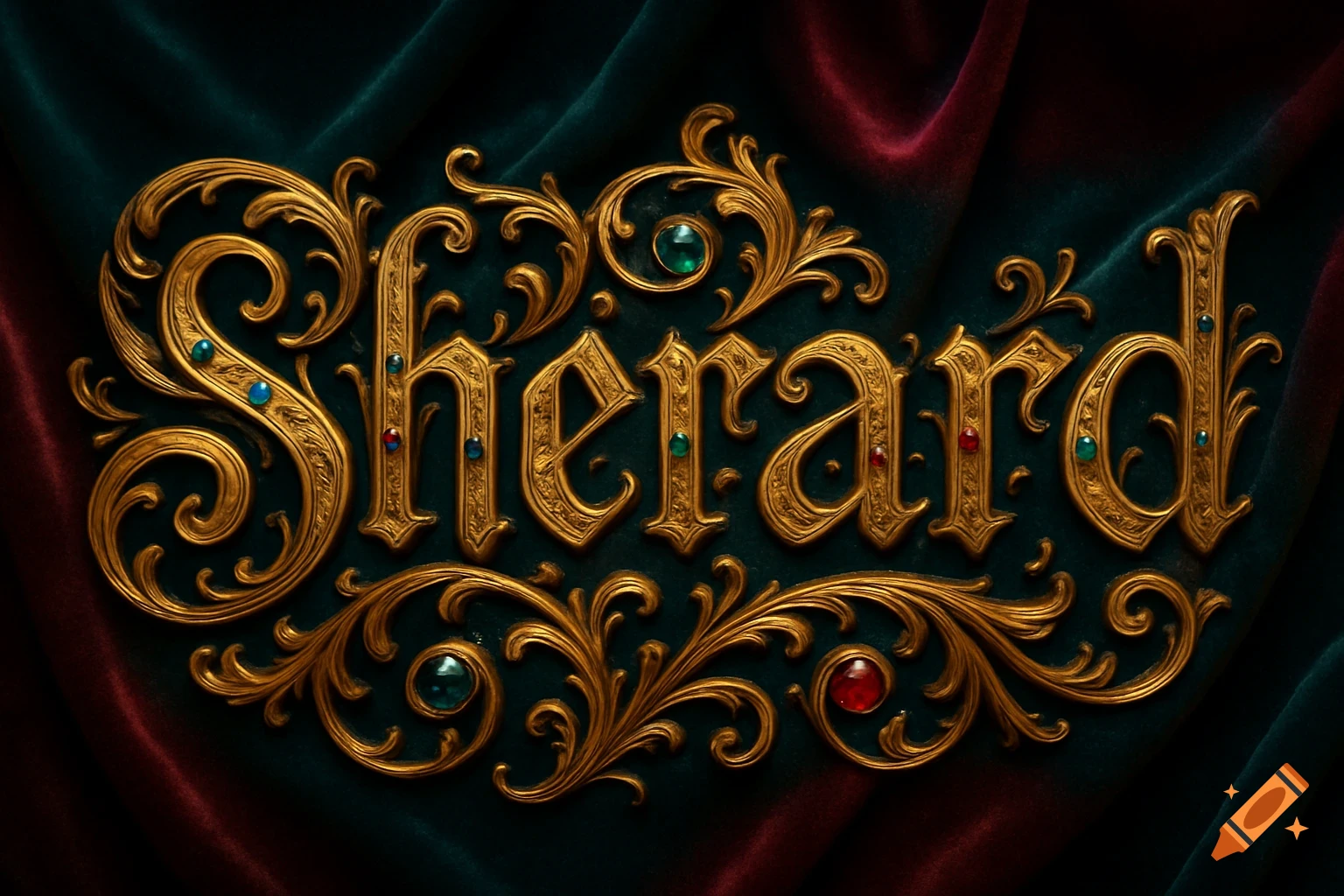 Decorative golden word "Sherard" adorned with colorful jewels, set against a dark teal and red velvet background.