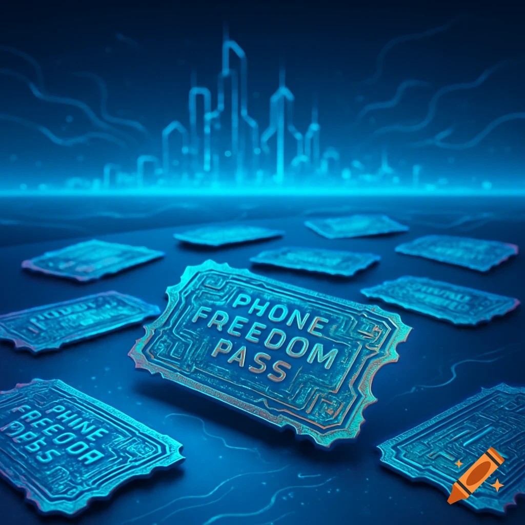 Close-up of a glowing digital ticket reading "PHONE FREEDOM PASS" on a dark blue surface, surrounded by other similar tickets and a glowing city silhouette in the background.