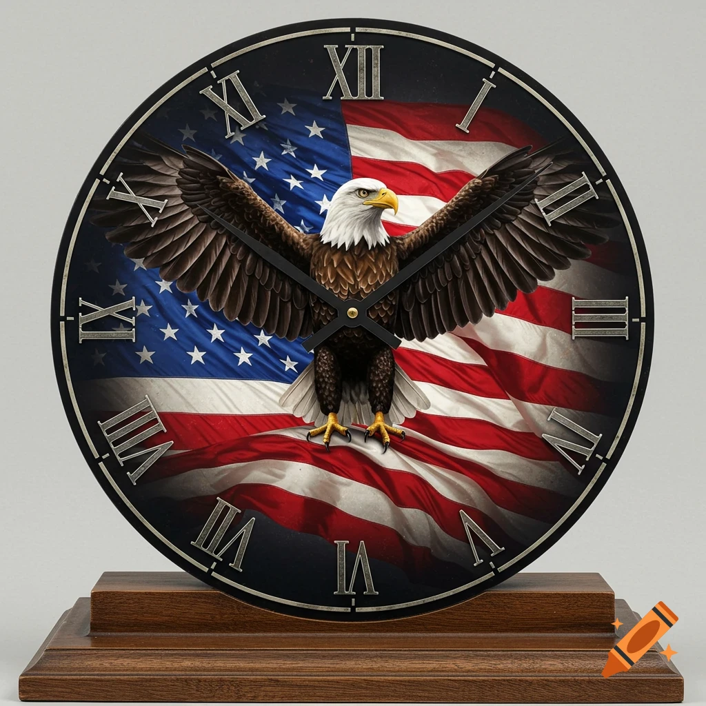 A patriotic desk clock featuring a bald eagle with outstretched wings centered on a distressed American flag backdrop, with Roman numerals.