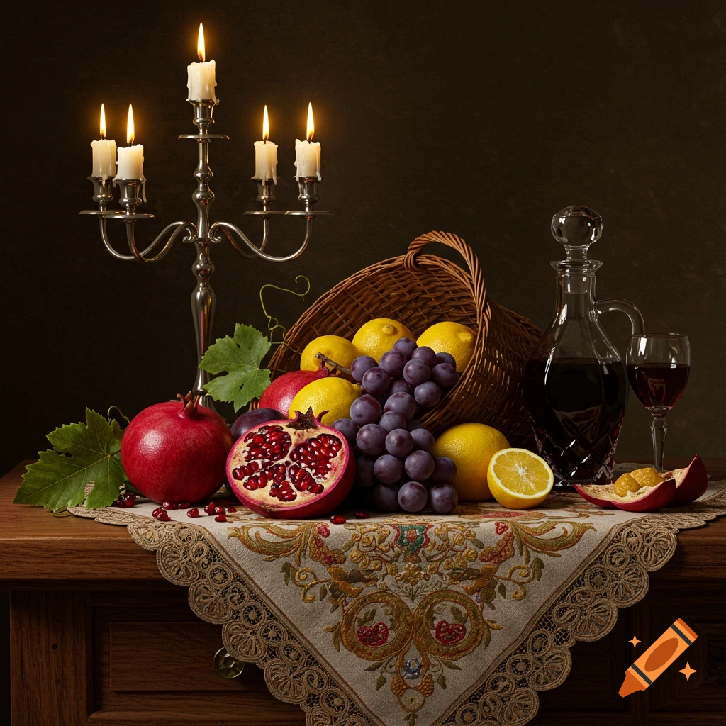 A photorealistic still life with a lit candelabra, basket of lemons and grapes, pomegranates, and wine on an ornate tablecloth.