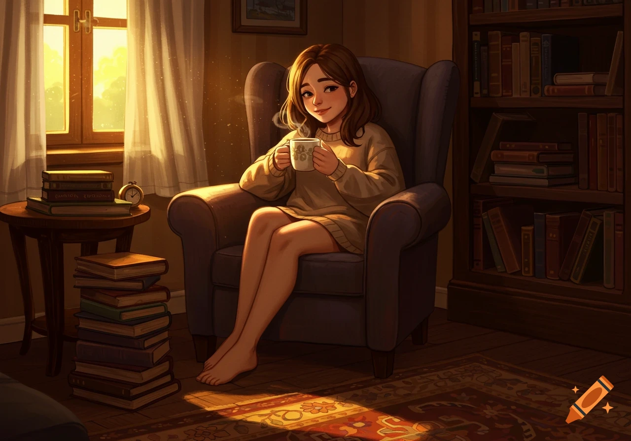 A cozy digital art illustration of a smiling girl sitting in an armchair, holding a steaming mug, bathed in warm sunlight from a window, with books nearby.