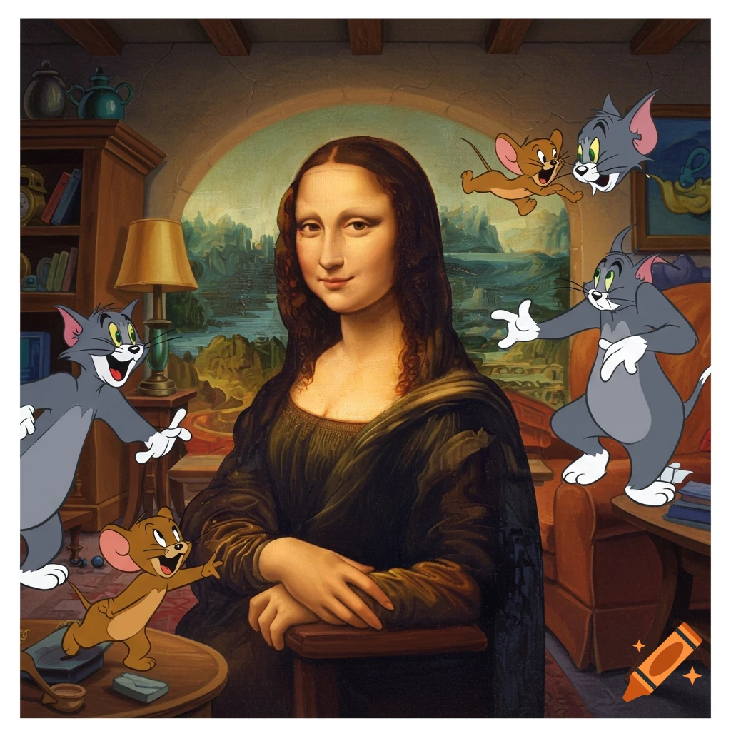 Mona Lisa portrait with multiple Tom and Jerry characters in a humorous, stylistic mashup.