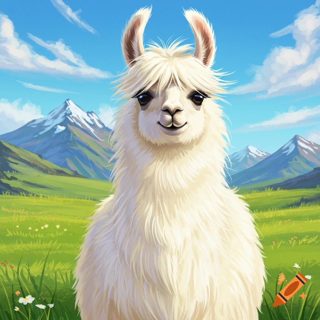 A fluffy white llama with big eyes smiles in a green meadow with mountains under a blue sky, in an illustrative style.