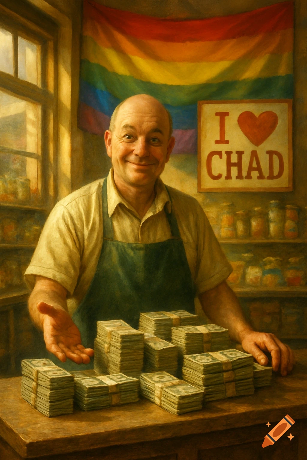 A smiling bald man in an apron stands behind piles of money in a store, with a rainbow flag and 'I ❤️ CHAD' sign behind him. Painterly style.