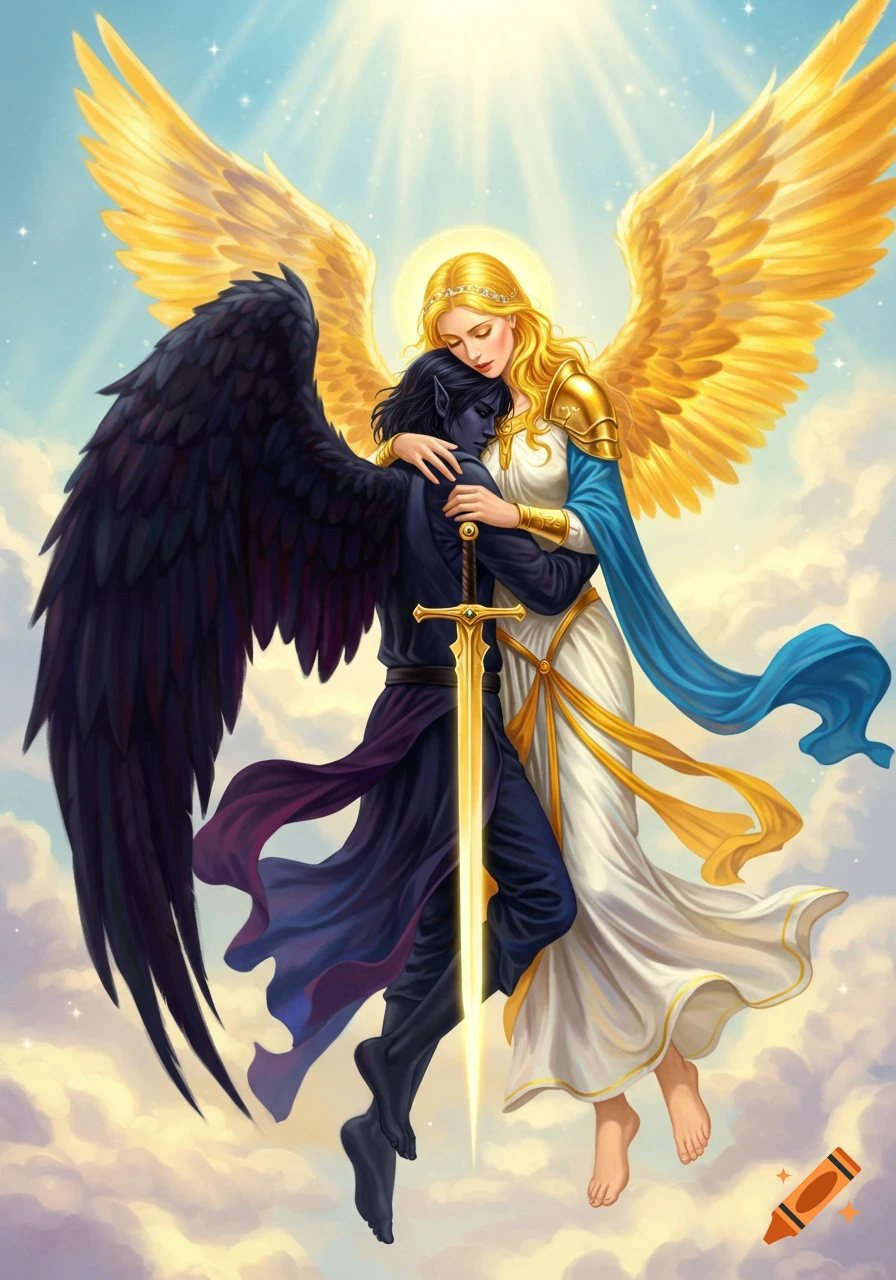 A bright angel with golden wings embraces a dark-winged figure holding a glowing golden sword in a cloudy, sunny sky.
