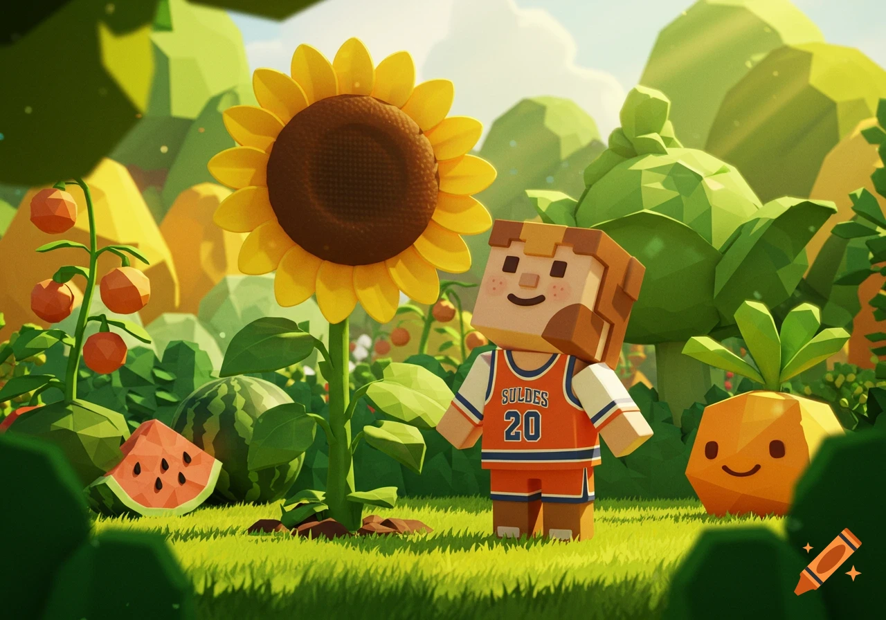 A blocky character in an orange basketball jersey stands in a vibrant low-poly garden with a sunflower, watermelon, and smiling pineapple.