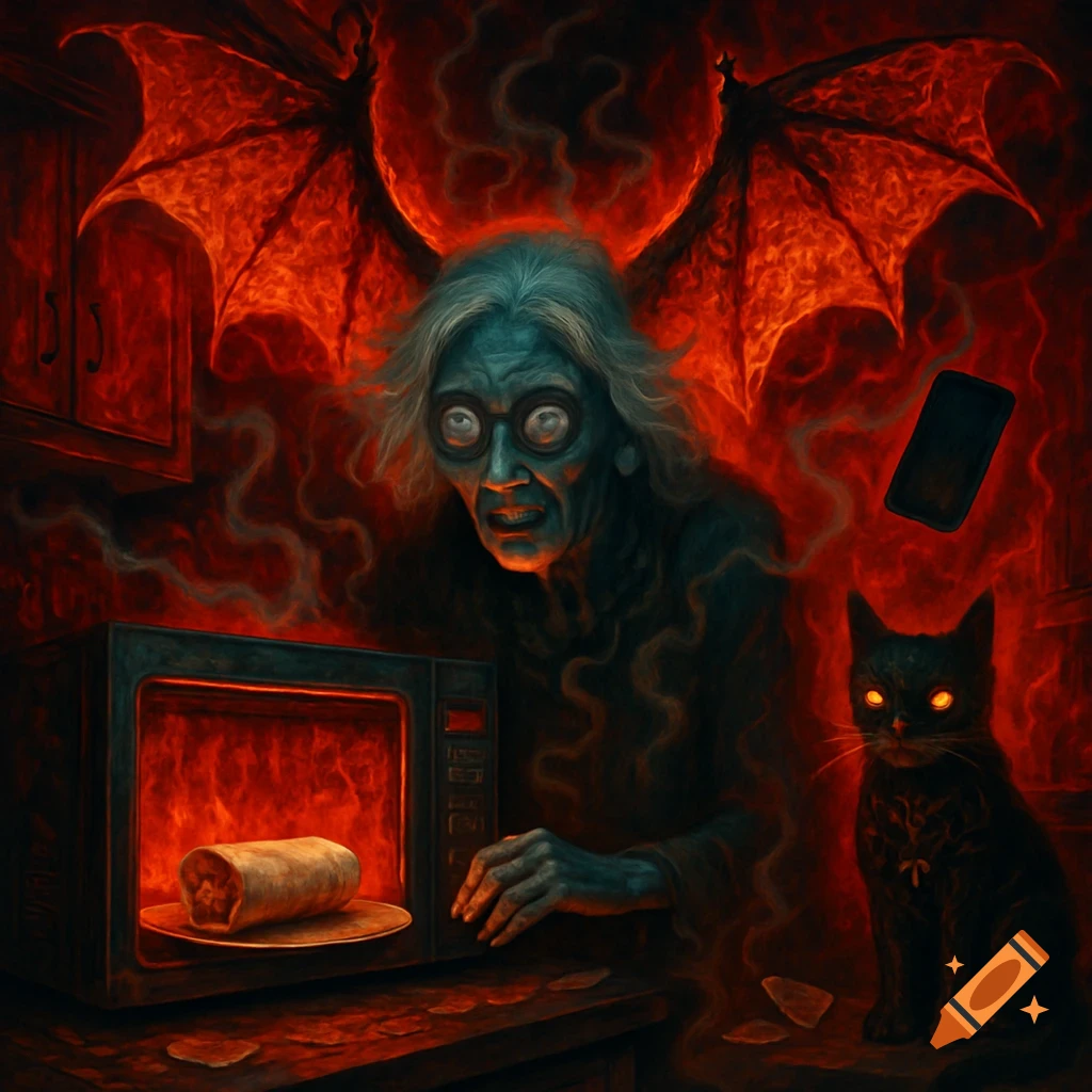 A horror illustration of a ghoulish old woman with glowing eyes and bat wings standing over a microwave, with a glowing burrito inside and a black cat with glowing eyes beside her, all set in a dark, fiery red kitchen.