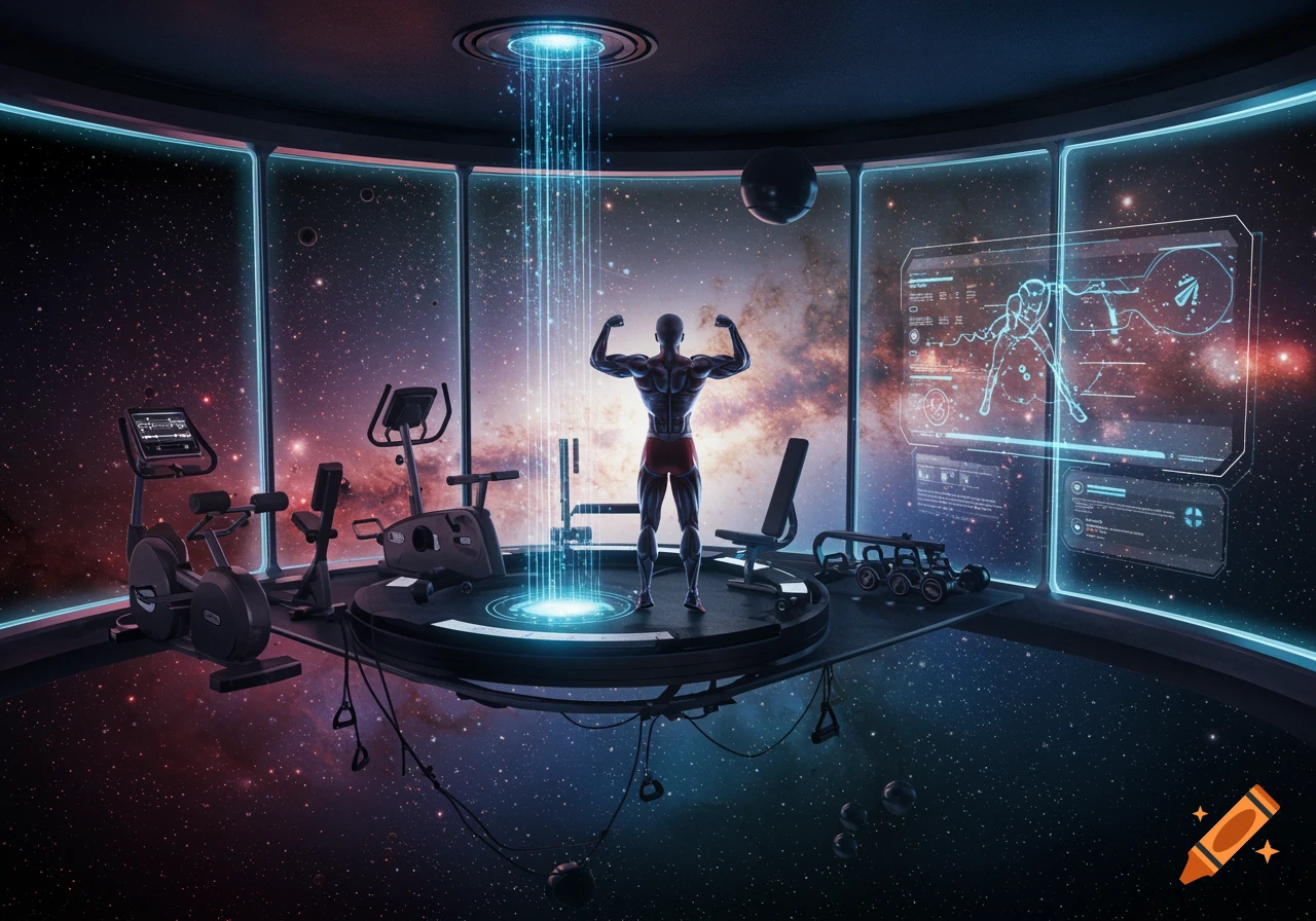A muscular man flexes on a platform in a futuristic gym, with glowing blue light beams, overlooking a vast starry space through large windows.