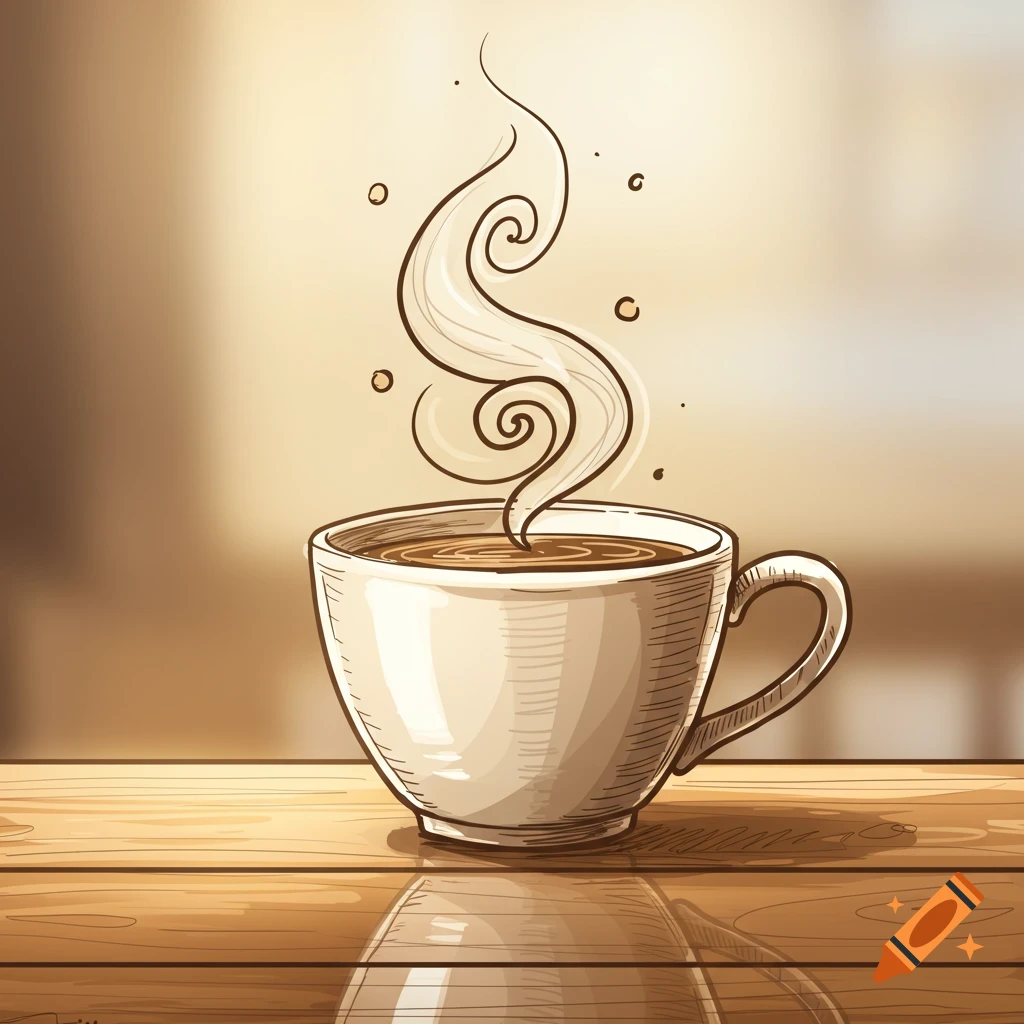 A doodle illustration of a steaming coffee cup on a wooden table.