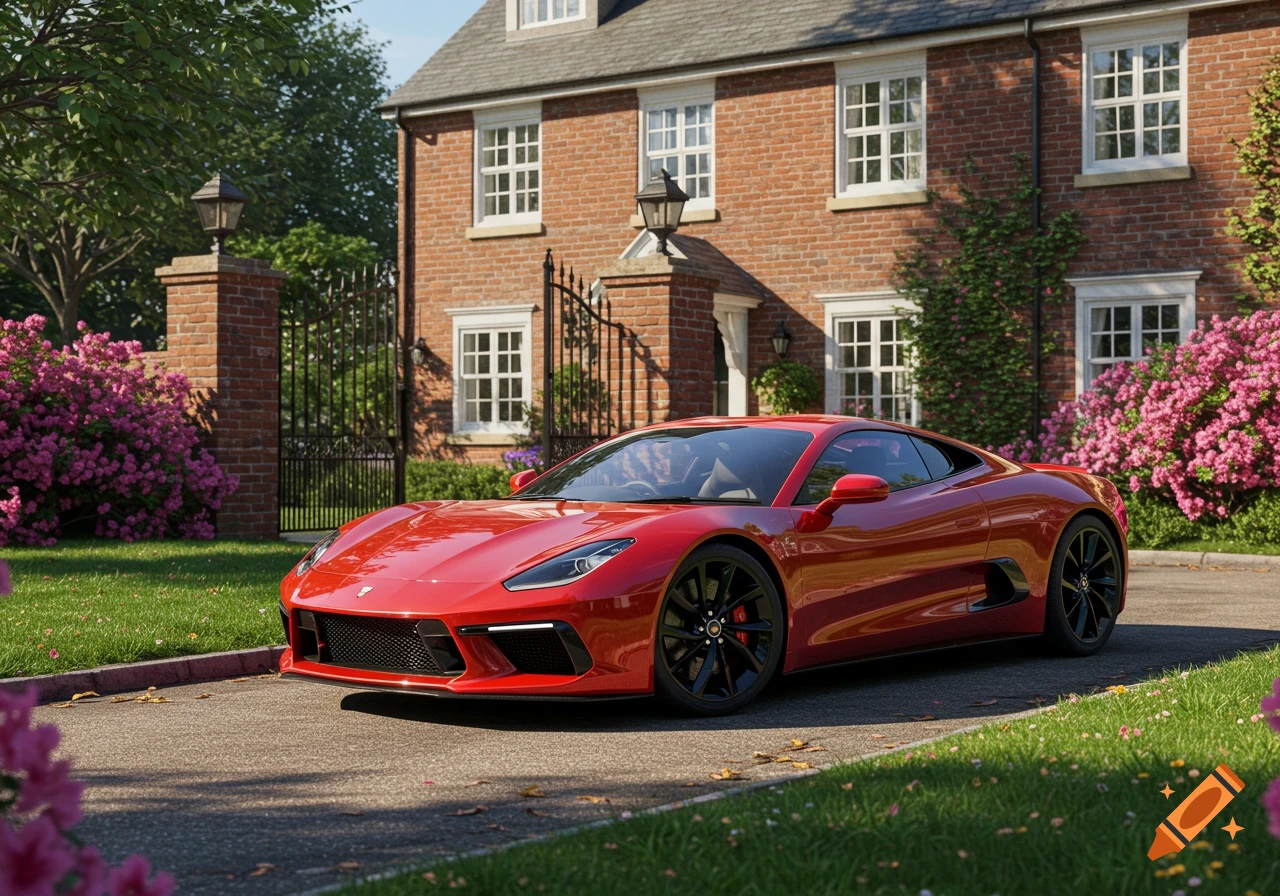 A red sports car is parked on a driveway in front of a red brick house with green lawns and pink flowers.