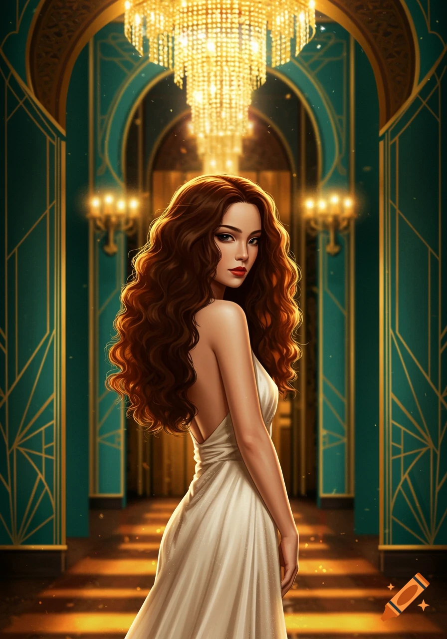 A woman with long wavy brown hair and a white dress stands in an ornate, teal and gold room with chandeliers.