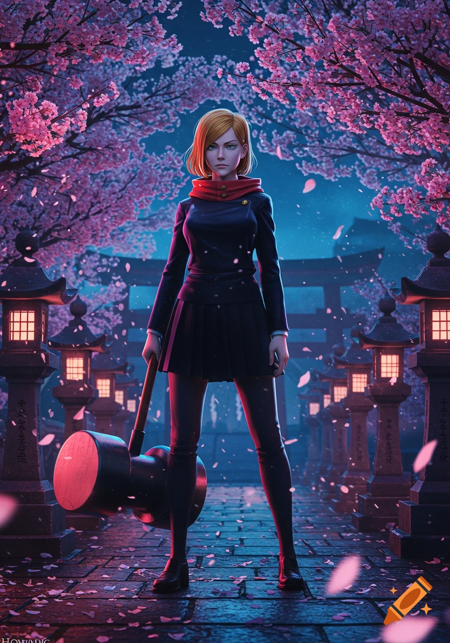 An anime character, Nobara Kugisaki, stands on a stone path lined with lit lanterns under cherry blossom trees at night, holding a large hammer.