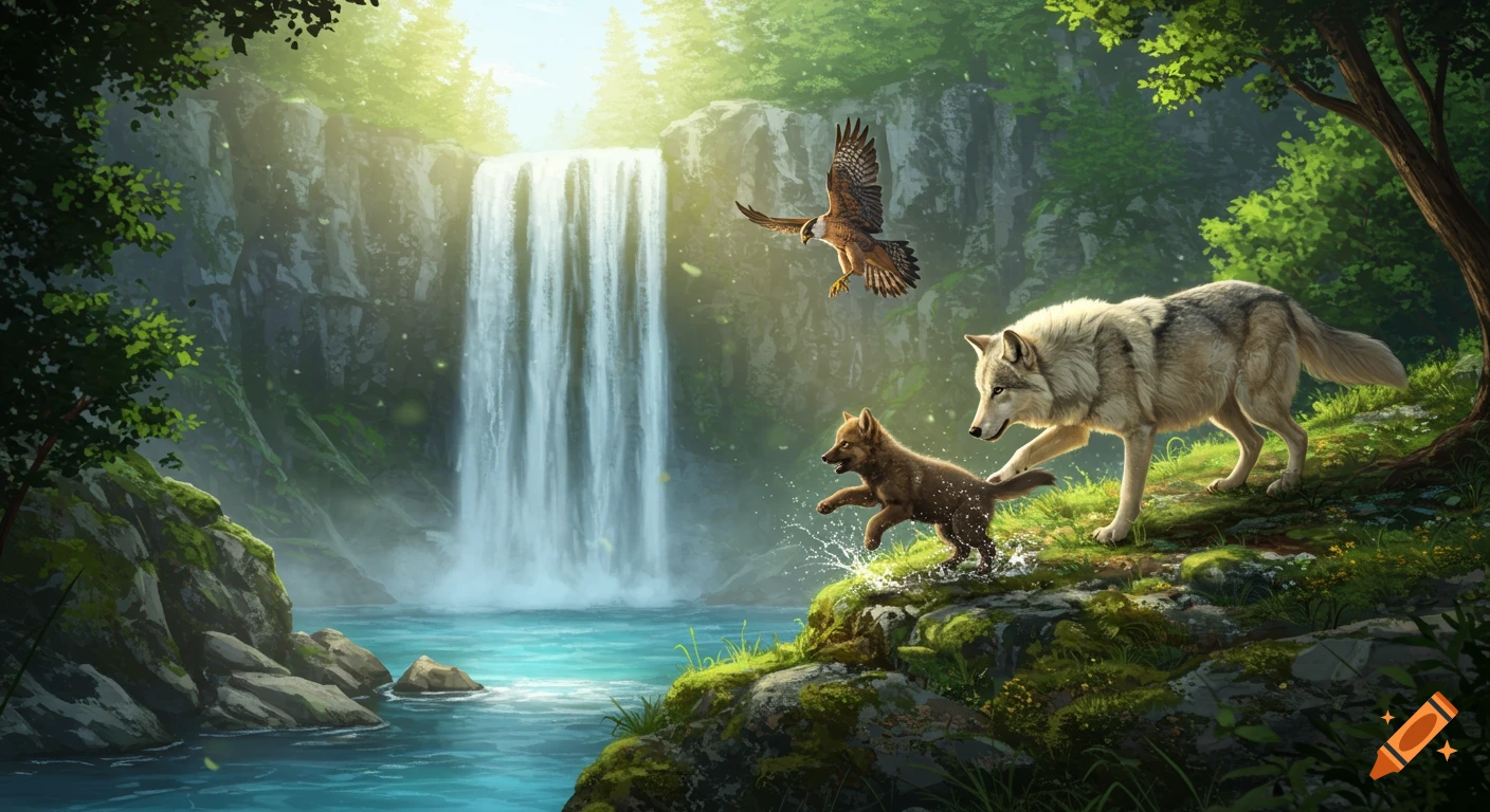 A wolf, its cub, and a falcon by a large waterfall in a lush forest, with water splashing around the cub.