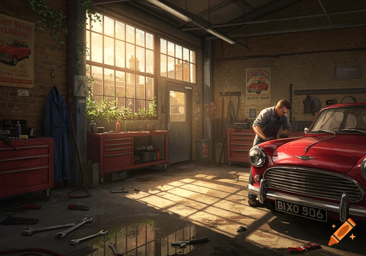 A mechanic works on a red vintage car in a sunlit automotive garage with tools, posters, and equipment.