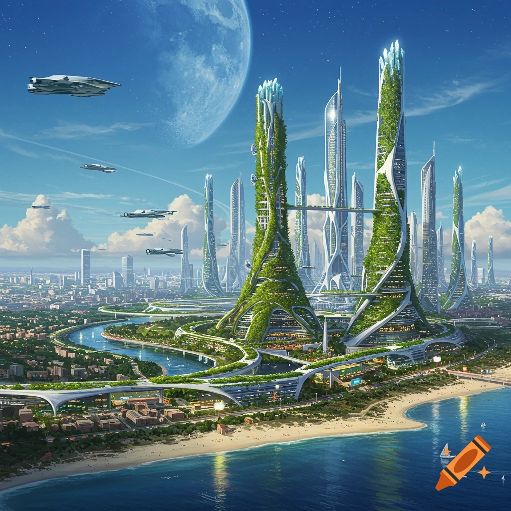 Vibrant solarpunk city with green skyscrapers, flying ships, and a large moon over a coastal bay.