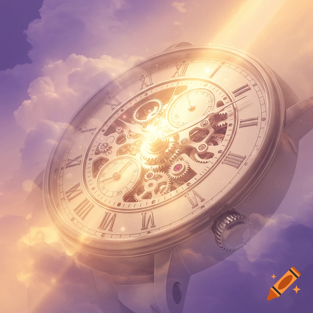 An ornate skeleton watch with Roman numerals floats in a cloudy sky, bathed in golden light rays.