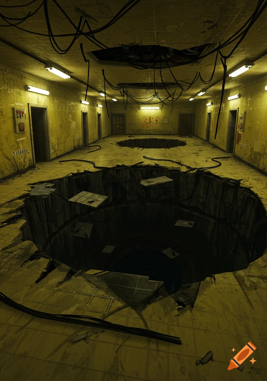 A dark, eerie hallway with yellowed walls, broken fluorescent lights, and large, jagged pitfalls leading into a black abyss. Exposed wires hang from the damaged ceiling.