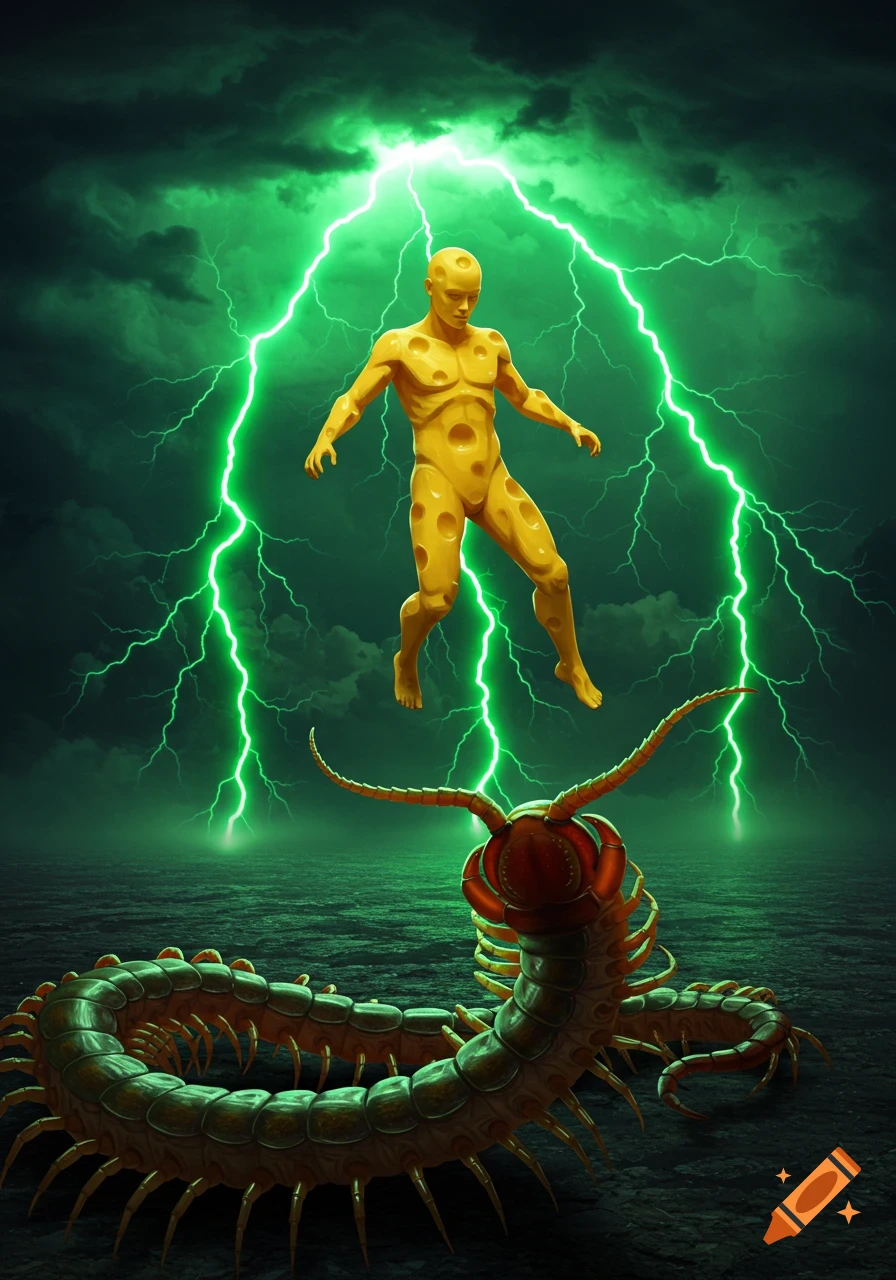A yellow cheese-like man is struck by green lightning as he hovers above a giant centipede under a stormy sky.