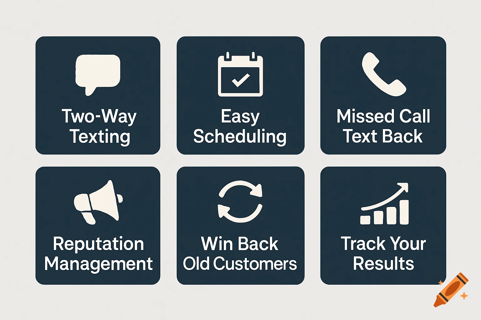 Six dark feature boxes with white icons and text for business services on a light background.