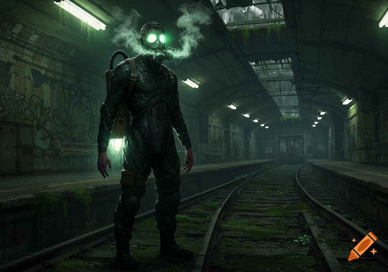 A lone figure in a black hazmat suit and glowing-eyed gas mask stands in a dark, overgrown subway station with graffiti.