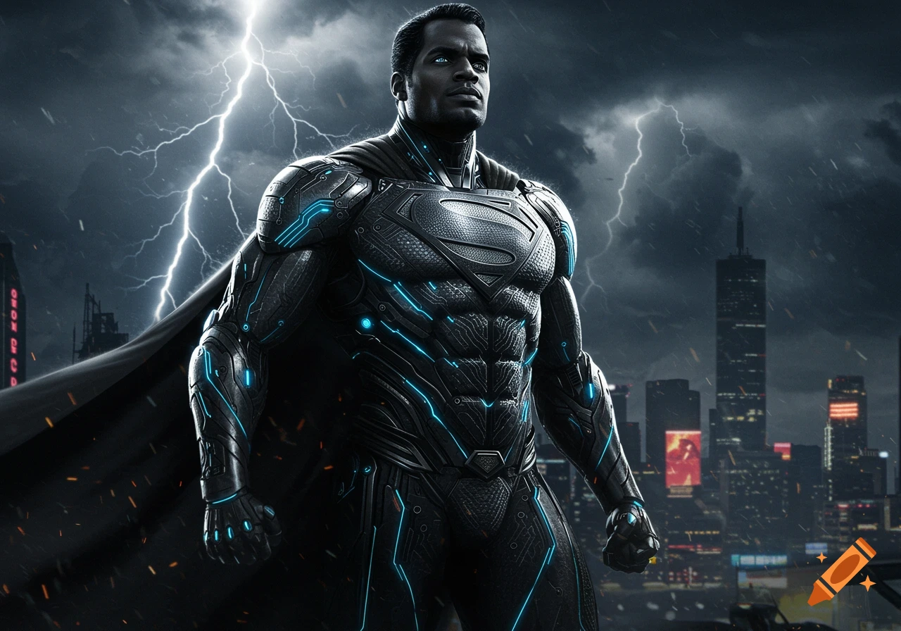 A photorealistic depiction of Black Superman in dark, glowing blue futuristic armor with a black cape, standing in a city under a stormy, lightning-filled sky.