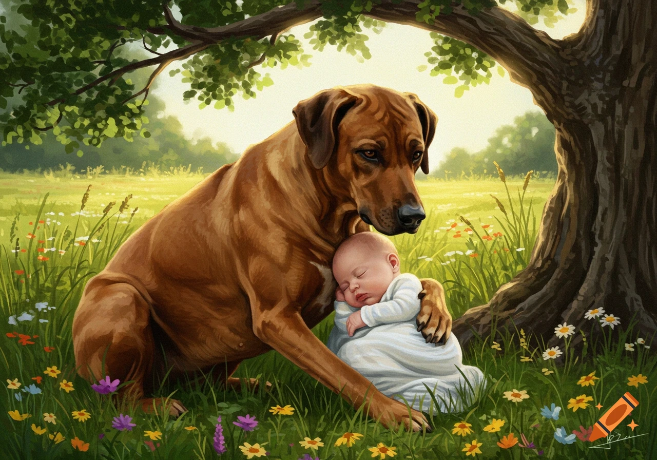 A Rhodesian Ridgeback dog gently rests its paw on a sleeping baby wrapped in white, sitting in a sunny wildflower meadow under a tree, in a painted style.
