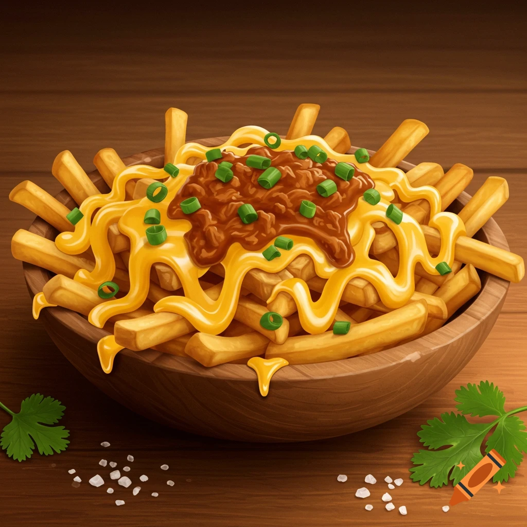 A wooden bowl of french fries topped with melted cheese, birria, and green onions on a wooden table with salt and cilantro.