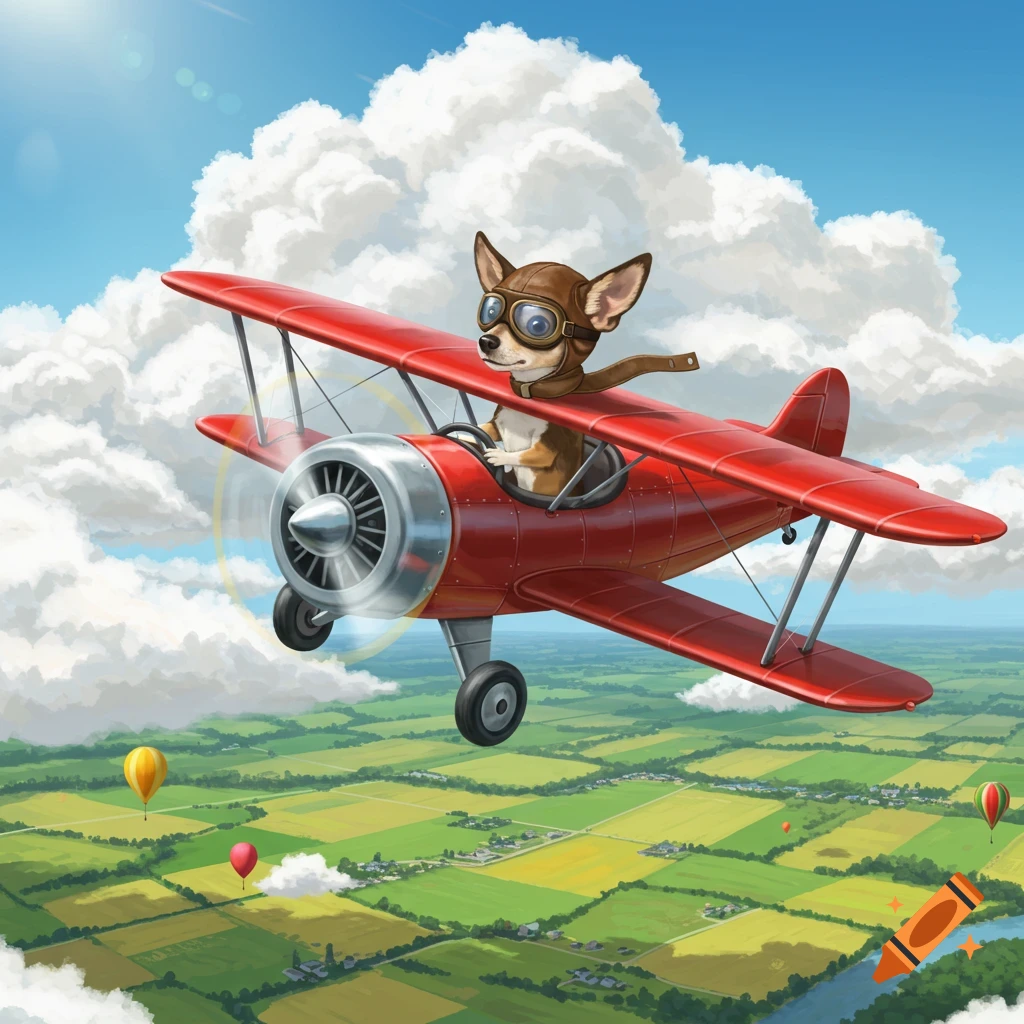 Illustration of a chihuahua dog wearing pilot goggles and helmet, flying a red biplane through a cloudy sky above a green landscape with hot air balloons.