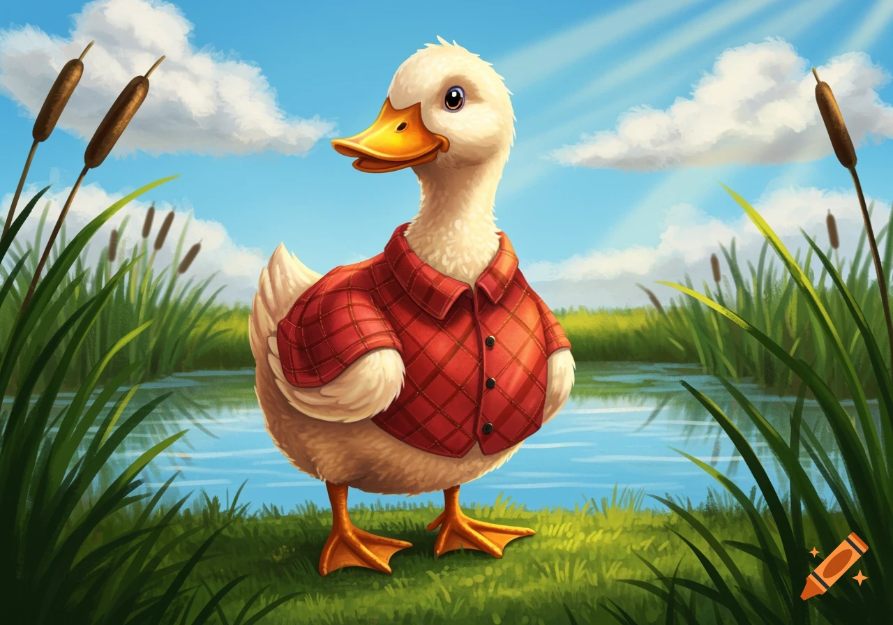 A cartoon duck wearing a red plaid shirt stands on green grass next to a pond with cattails under a bright blue sky.
