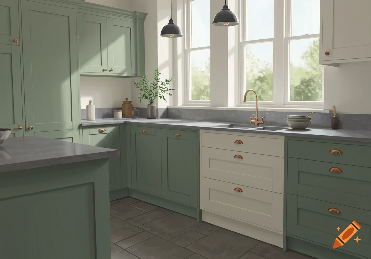 A photorealistic kitchen featuring sage green and white cabinets, gray stone countertops, and a large window.