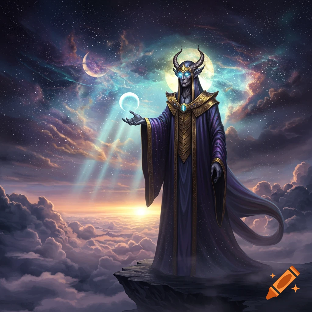 A horned humanoid in purple and gold robes stands on a cliff above clouds, holding a glowing orb, with a starry cosmic sky and crescent moon at sunset.