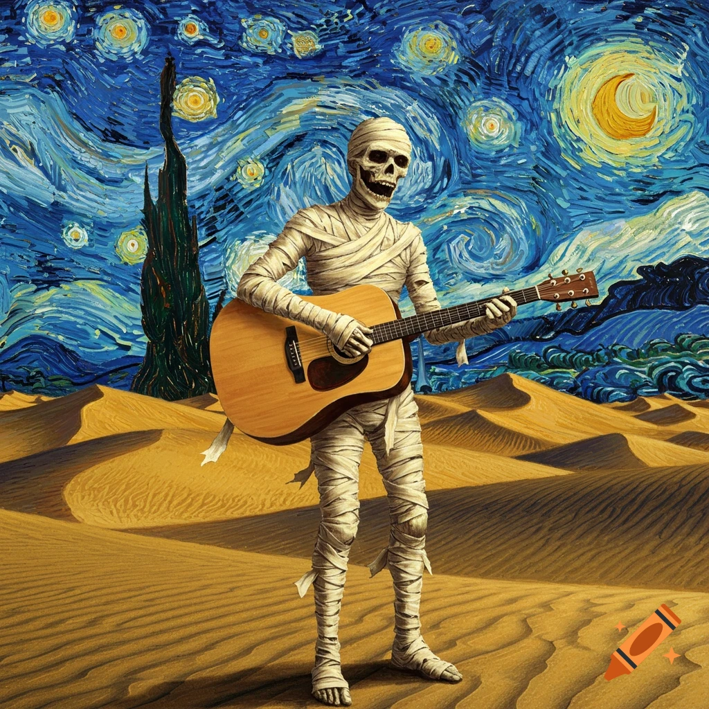 A mummy playing an acoustic guitar in a desert under a swirling, starry night sky in the style of Van Gogh.