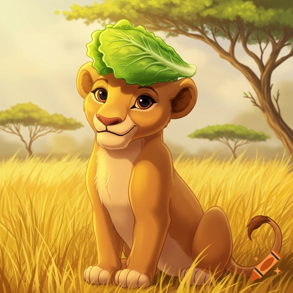 A cute cartoon lioness cub with a large green lettuce leaf on its head, sitting in a golden grassy savanna in a Disney-like animated style.