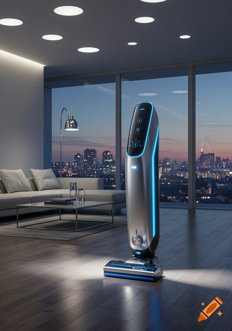 A modern silver and blue robotic vacuum cleaner on a wooden floor in a sleek apartment at dusk.