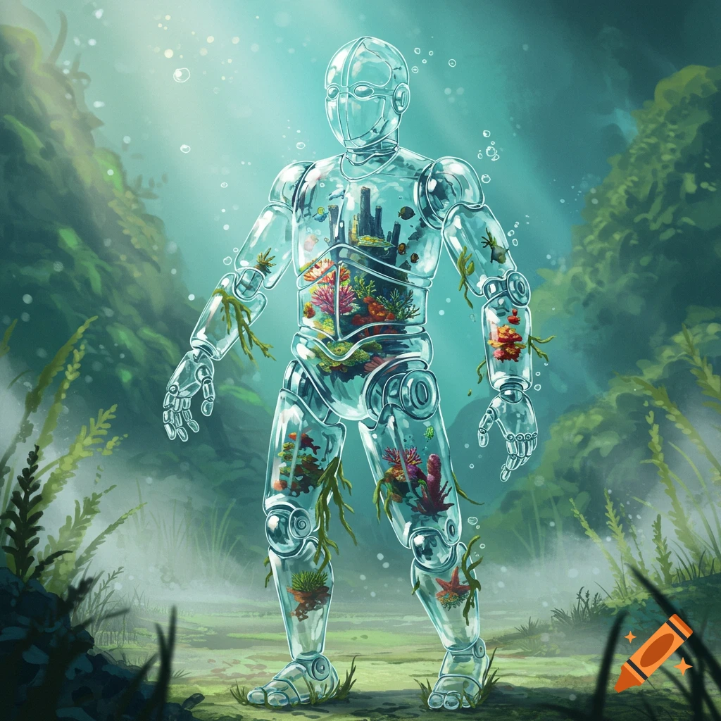 A translucent robot standing in an underwater scene, its body filled with vibrant coral reefs, fish, and seaweed.