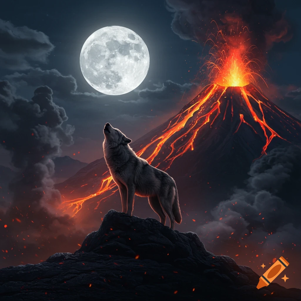 A wolf howls at a full moon on a rocky peak as a volcano erupts in the background, casting an orange glow.