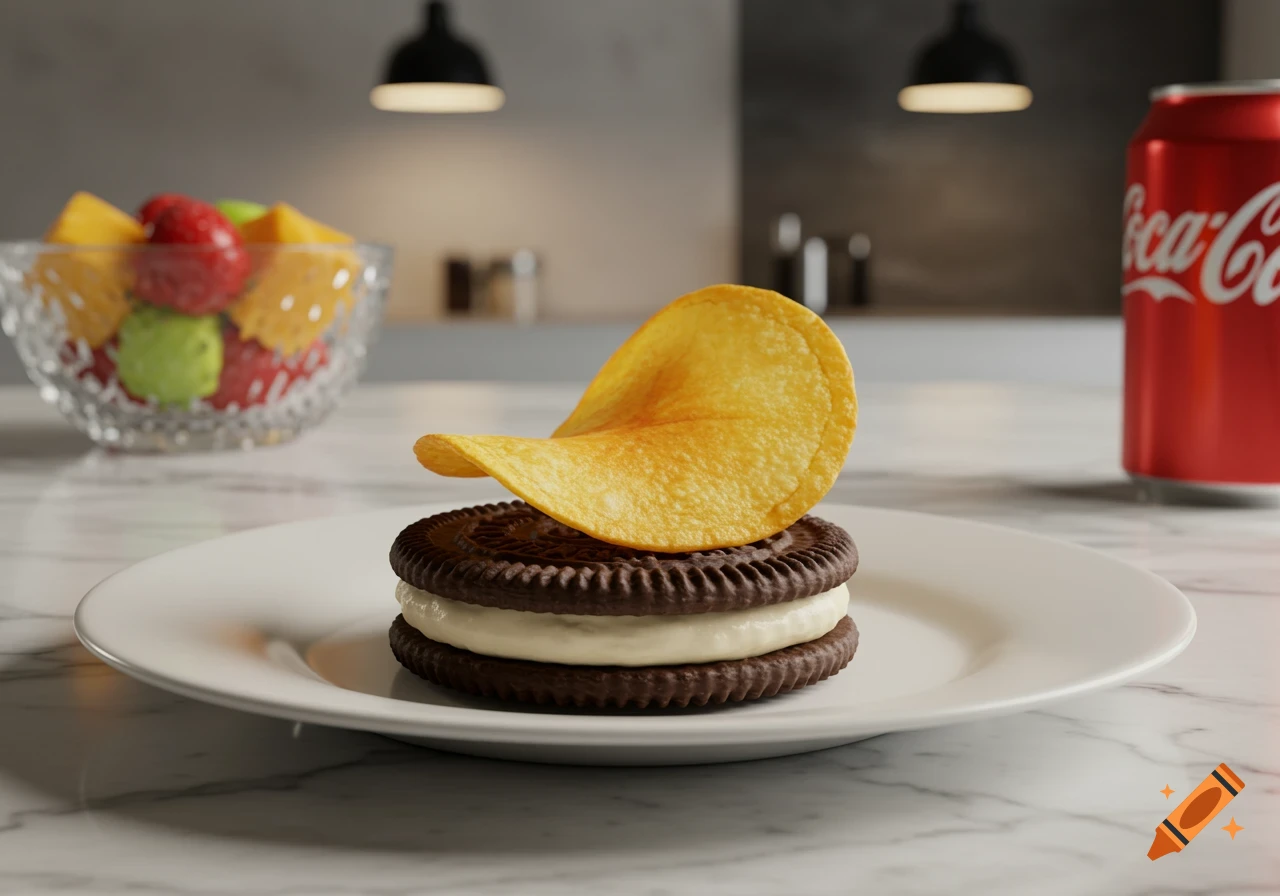 Photorealistic image of a snack made from an Oreo-like cookie and a potato chip, with fruit and a Coca-Cola can in the background.