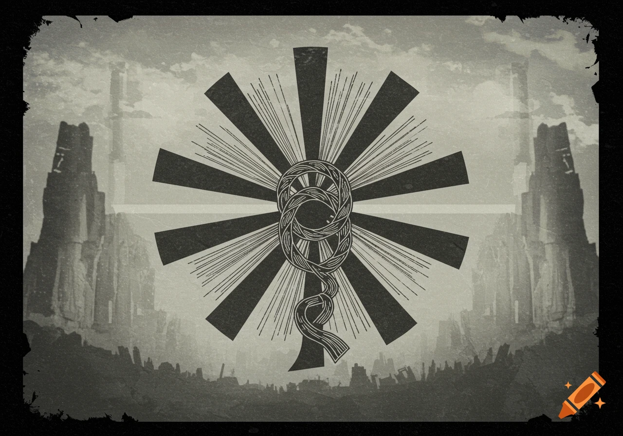 Monochrome flag featuring a stylized knot and radiating lines over a desolate landscape with imposing structures. Distressed, grainy style.