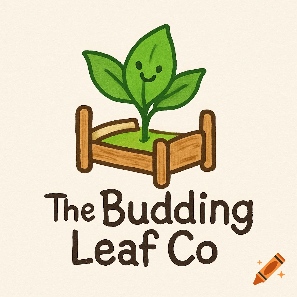 Cartoon logo of a smiling green plant growing out of a wooden bed, with the text "The Budding Leaf Co" below.