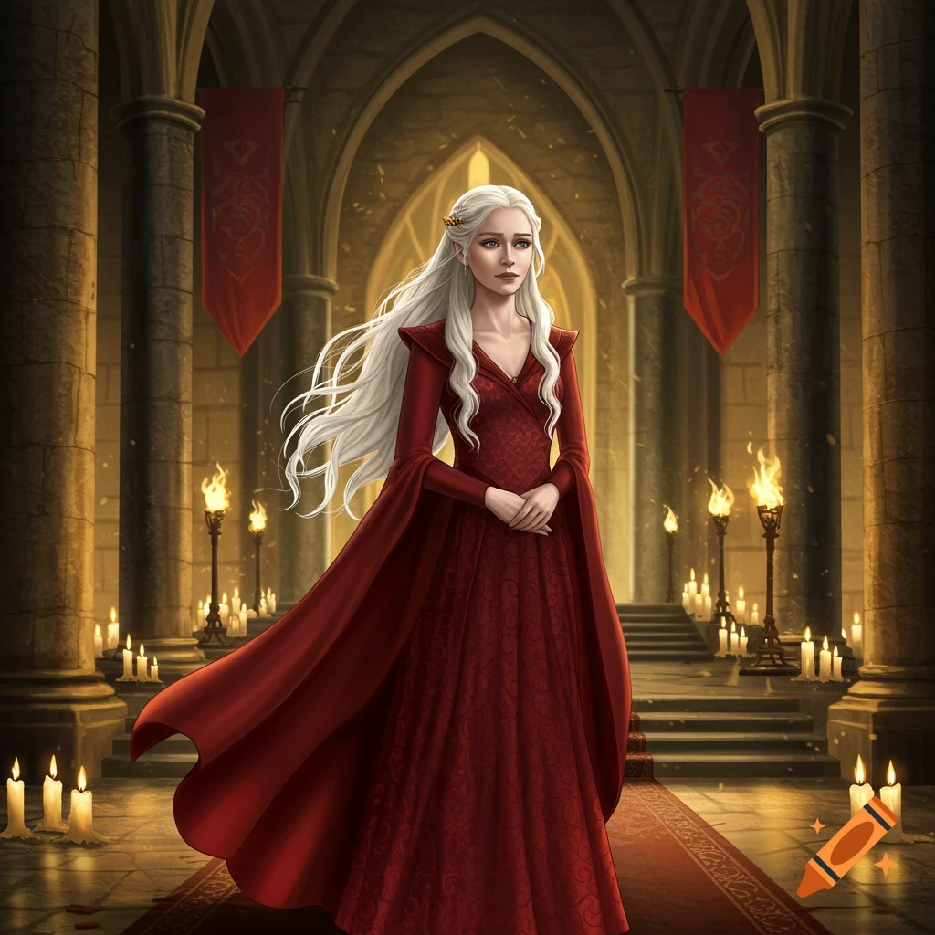 A pale woman with long white hair in a red dress stands in a grand, candlelit hall with stone arches.