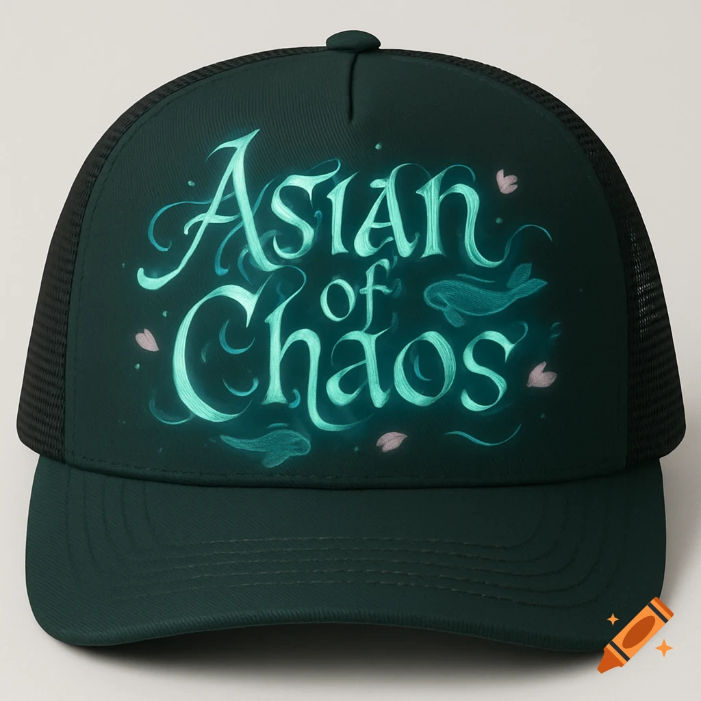 A dark green trucker cap with glowing teal 'Asian of Chaos' text, stylized fish, and cherry blossoms.