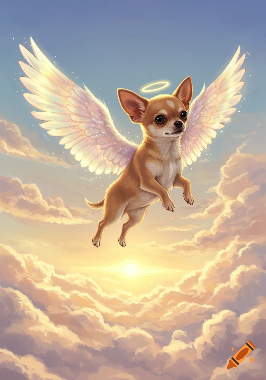A cute chihuahua with white angel wings and a halo flies among soft clouds during sunrise or sunset.