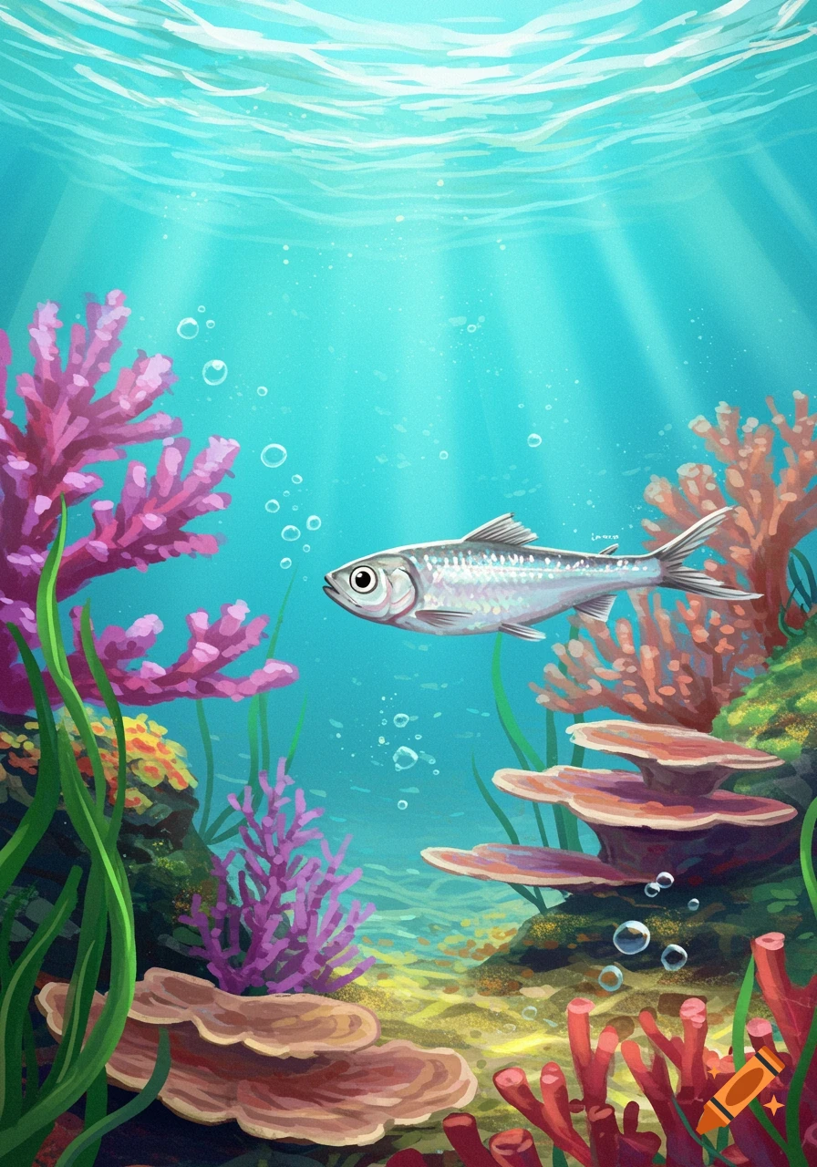 A silvery fish swims in a vibrant turquoise underwater scene with pink and orange coral, green seaweed, and sun rays from the surface.