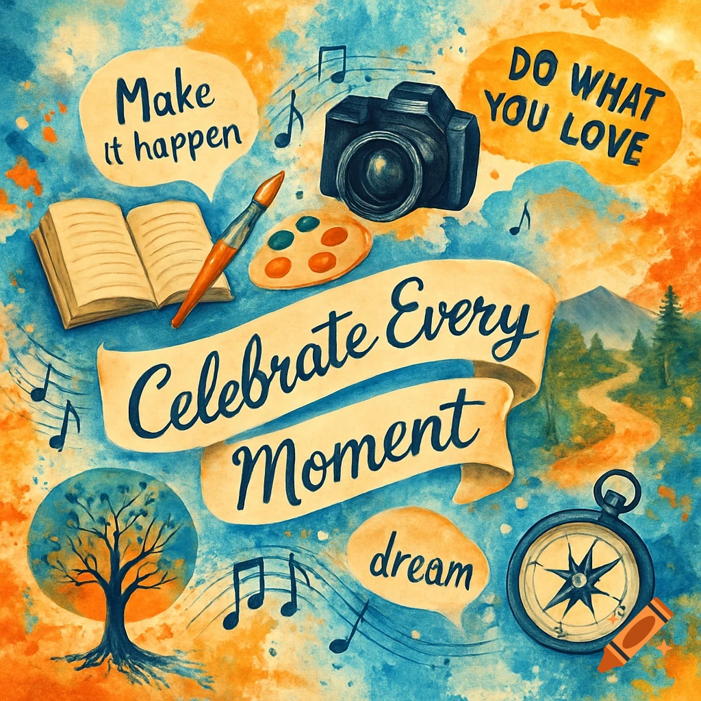 Watercolor collage with inspirational quotes "Celebrate Every Moment," "Make it happen," "Do what you love," and "dream," alongside a camera, book, paintbrush, and nature elements.