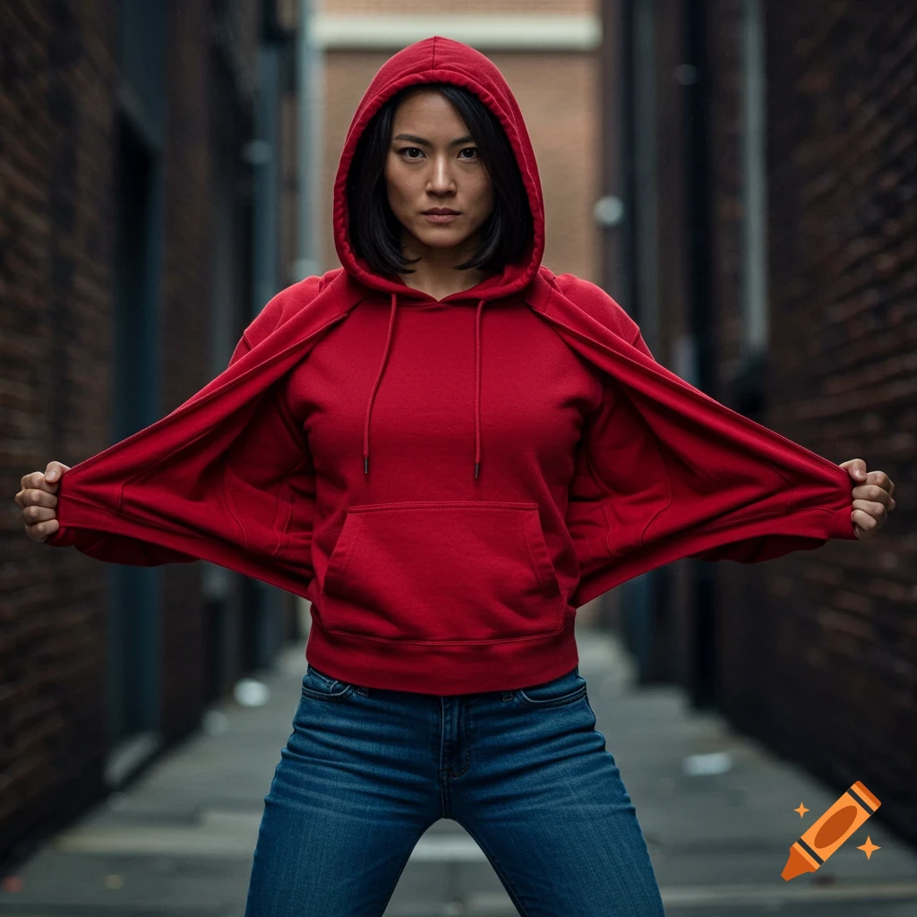 A woman in a red hoodie and blue jeans stands in an alleyway, stretching out the sleeves of her hoodie.