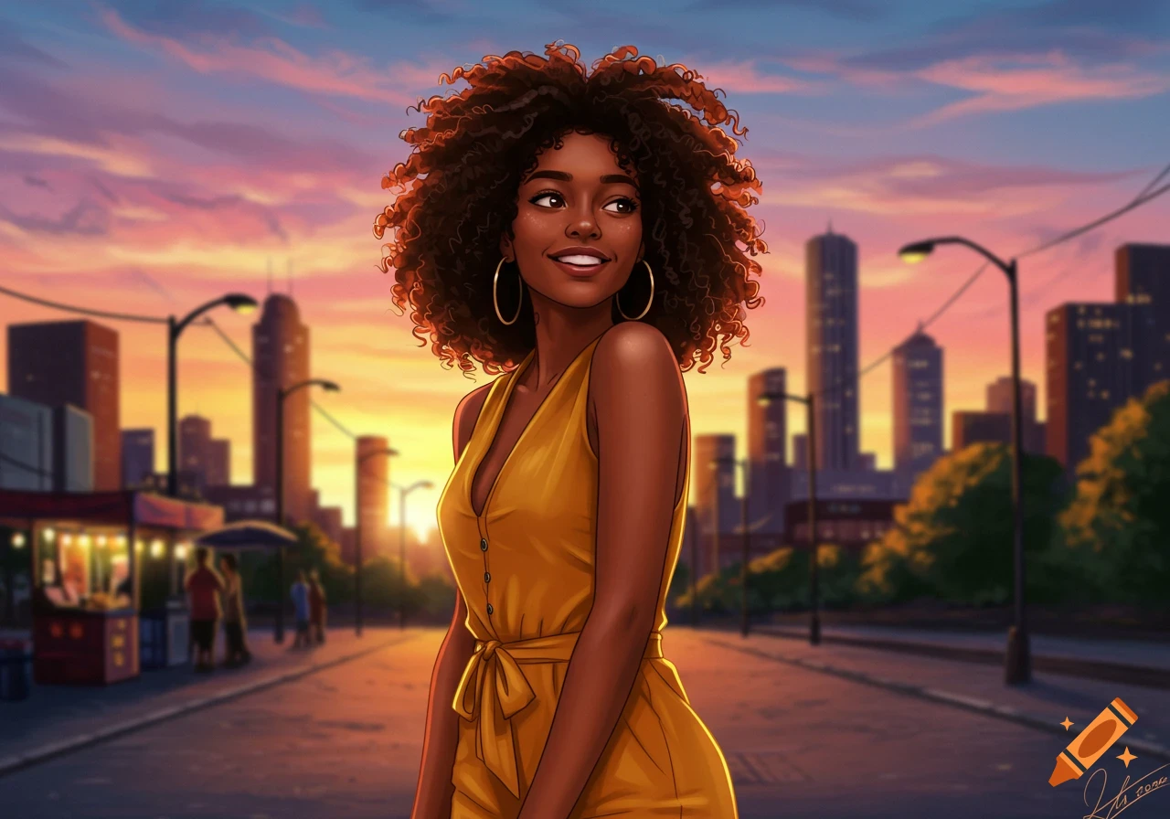 A smiling Black woman with curly hair in a yellow jumpsuit stands on a city street at sunset, digital illustration.