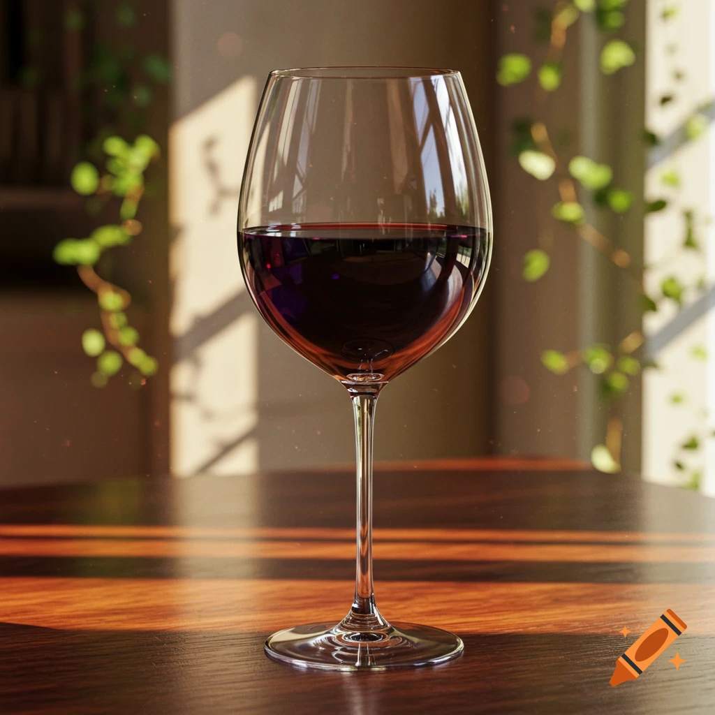 A photorealistic image of a glass of red wine on a wooden table bathed in sunlight.
