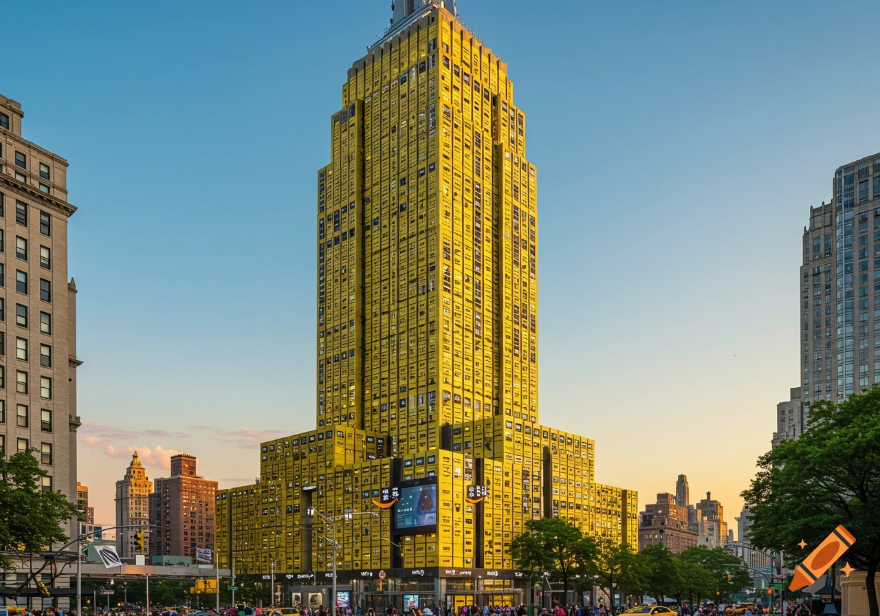 A tall, yellow skyscraper made to resemble Amazon lockers stands prominently in a bustling city street under a clear sky.